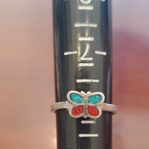 Butterfly Silver Ring with Red and Blue Inlay